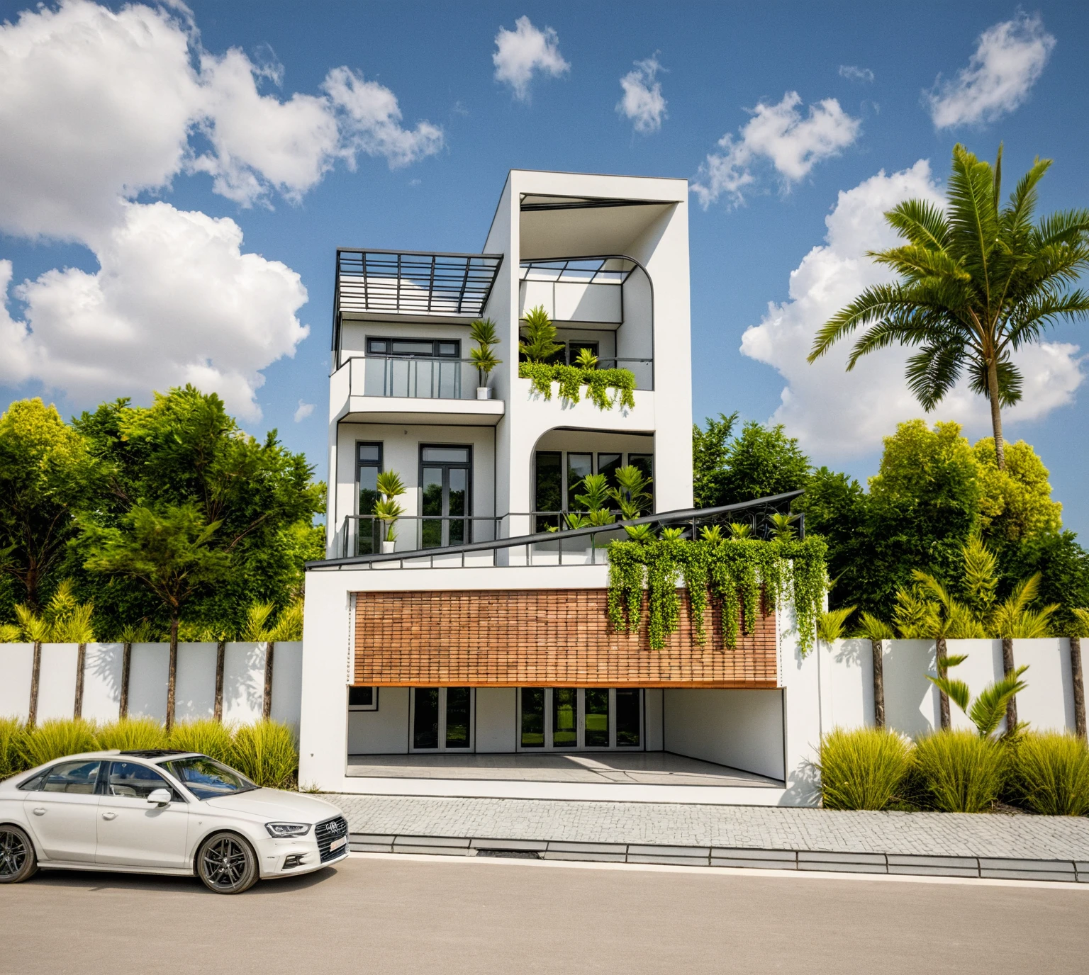 Masterpiece, high quality, best quality, authentic, super detail, outdoors, onestoreyvillaXL, aiaigroup, house style modern on the street ,stairs, white wall ,road,pavement, grass, trees, sky, cloud, (daylight:1.1)
