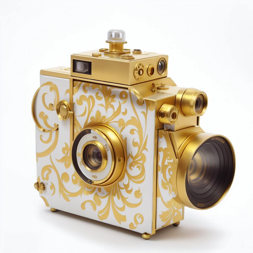 It has a gold and white camera with a gold design, Kodak Gold, Expensive cameras, Kodak Gold 2 0 0, Kodak Gold 200, Glamorous Gold, Kodak Gold 4 0 0, Lomography Lady Grey, elaborately decorated, golden 1 9 2 0 seconds, Kodak Camera, Vintage Camera, highly ornate, ornate gilded cosmic machine, Kodak Gold film, Decadent