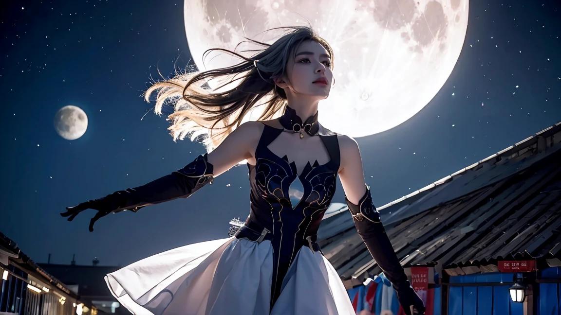 1 Girl, Solitary, Long hair, breast, Looking at the audience, Bangs, Hair accessories, Red Eyes, Gloves, skirt, Hair between the eyes, Bare shoulders, Shut up, White hair, Gray hair, Sky, black Gloves, night, moon, night Sky, full moon,jingliu