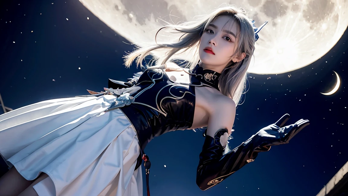1 Girl, Solitary, Long hair, breast, Looking at the audience, Bangs, Hair accessories, Red Eyes, Gloves, skirt, Hair between the eyes, Bare shoulders, Shut up, White hair, Gray hair, Sky, black Gloves, night, moon, night Sky, full moon,jingliu
