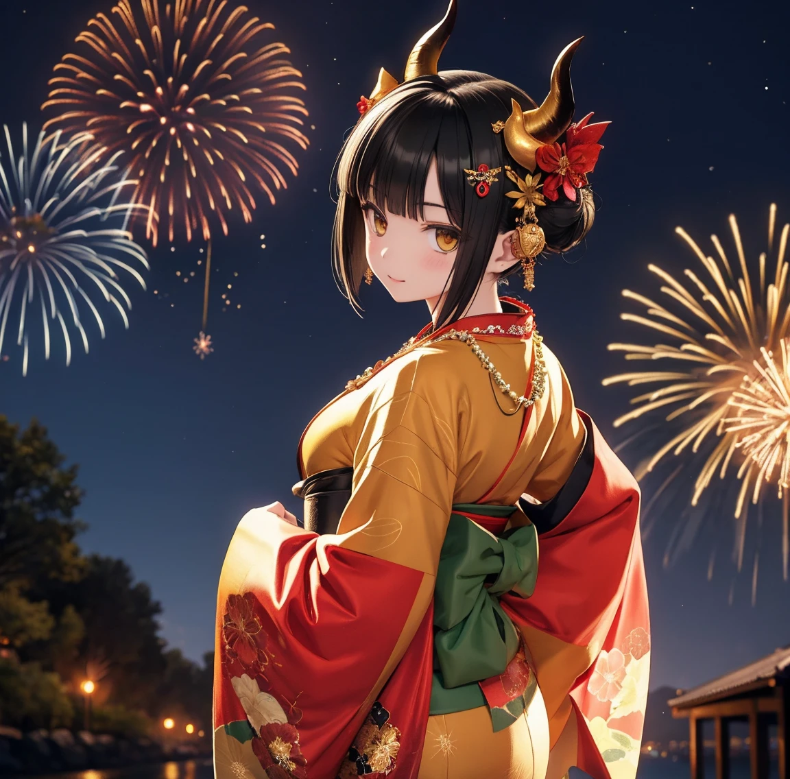 1 person、Green gorgeous kimono、,race,Black Hair、Short bun hair、hair ornaments、necklace、back、Golden devil horns、Anatomically correct,Fireworks in the night sky、