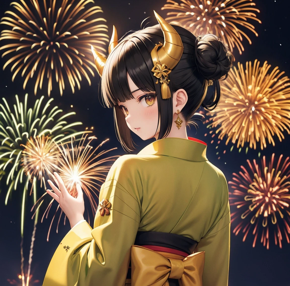 1 person、Green gorgeous kimono、,race,Black Hair、Short bun hair、hair ornaments、necklace、back、Golden devil horns、Anatomically correct,Fireworks in the night sky、