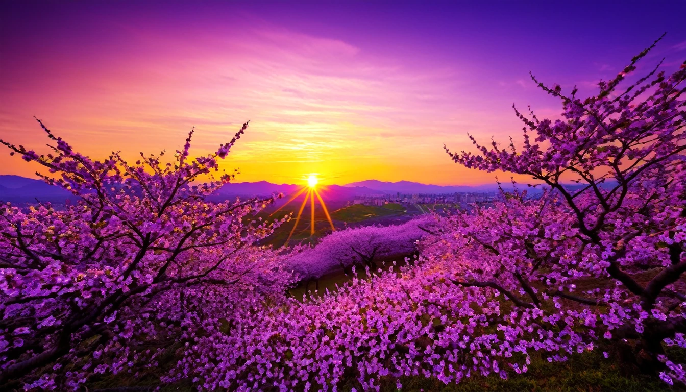 purple cherry blossom against sunset, really beautiful nature, cherry blossom in full bloom, purple beautiful sky, purple and yellow sunset, fantastic landscape, highly detailed