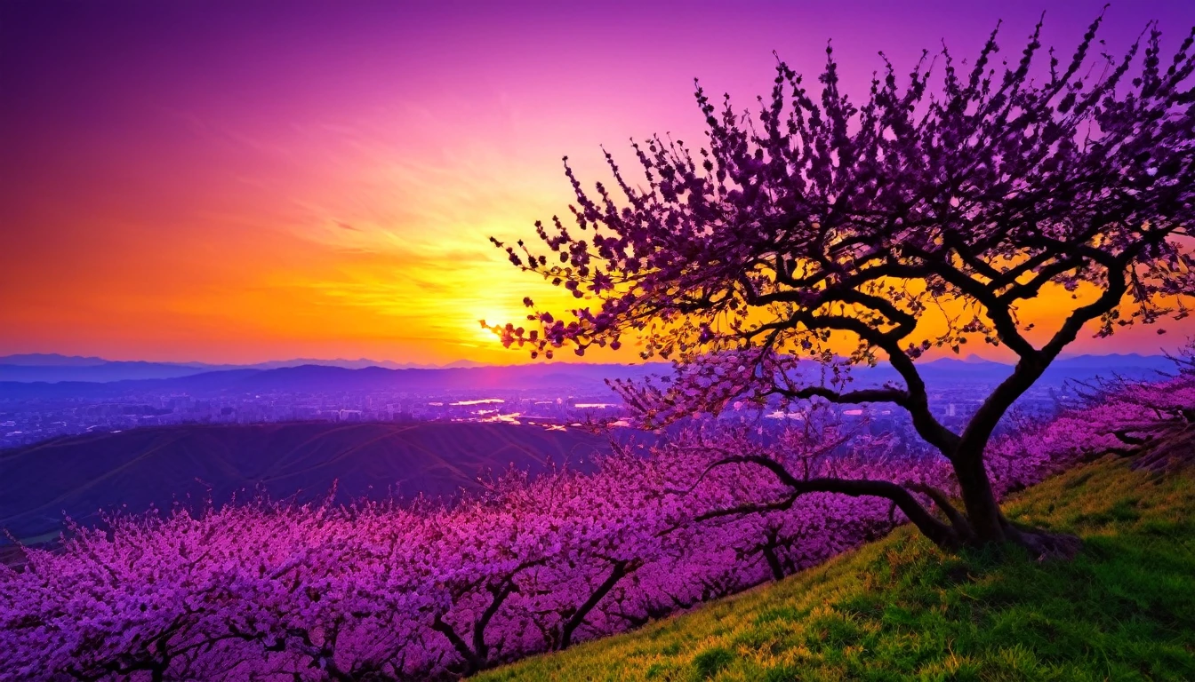 purple cherry blossom against sunset, really beautiful nature, cherry blossom in full bloom, purple beautiful sky, purple and yellow sunset, fantastic landscape, highly detailed