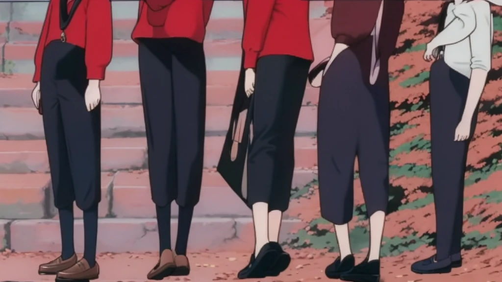 school girl, ((red sweater, baggy black pants, penny loafers)), (character design sheet), different pose, different angles, turnaround