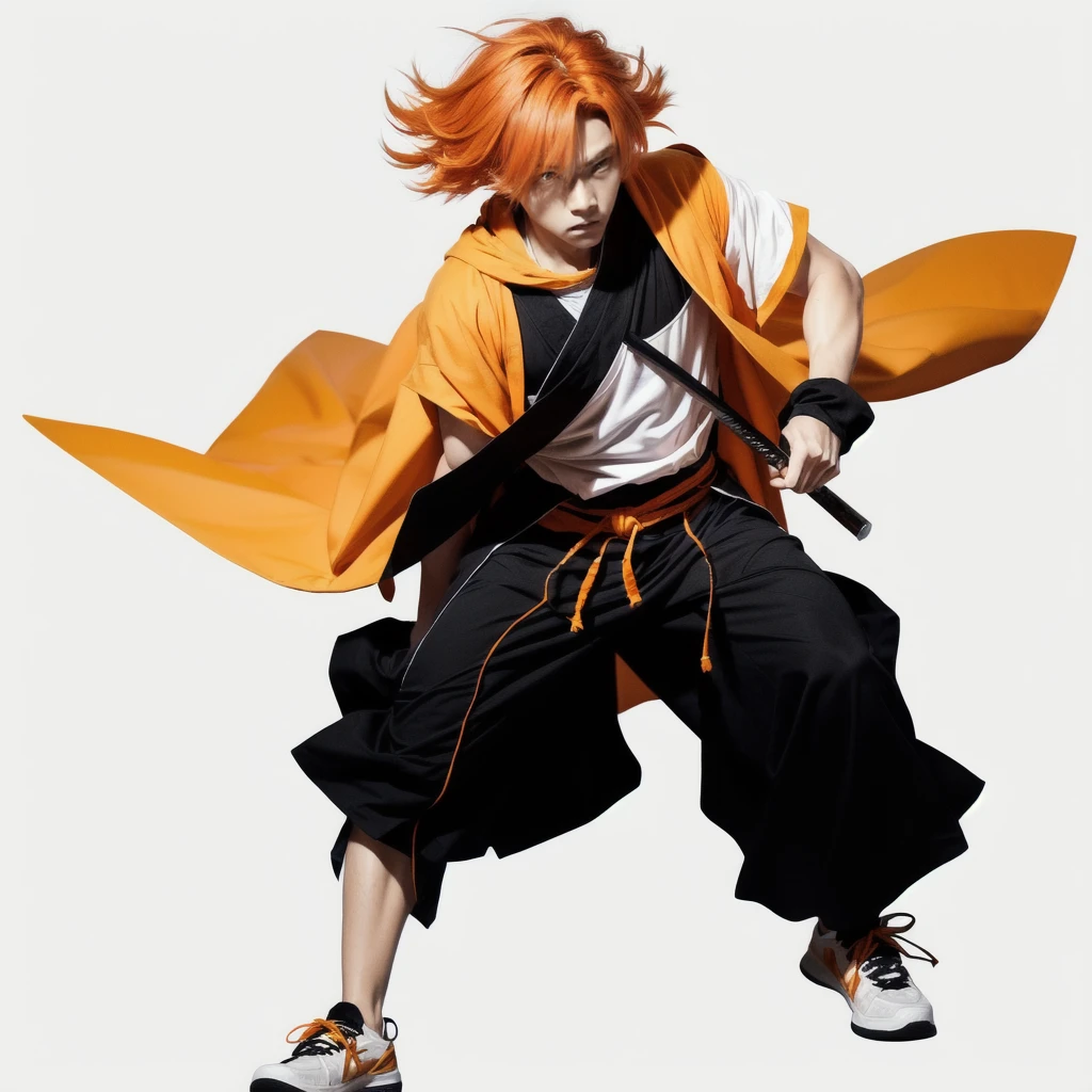 Boy, light orange hair, light orange cloak with white triangles on it, black pants, yellow glowing eyes, katana on his waist, Zenitsu Agatsuma