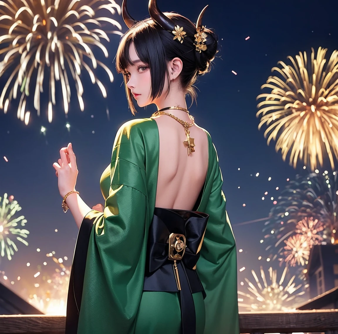 1 person、Green gorgeous kimono、,race,Black Hair、Short bun hair、hair ornaments、necklace、back、Golden devil horns、Anatomically correct,Fireworks in the night sky、