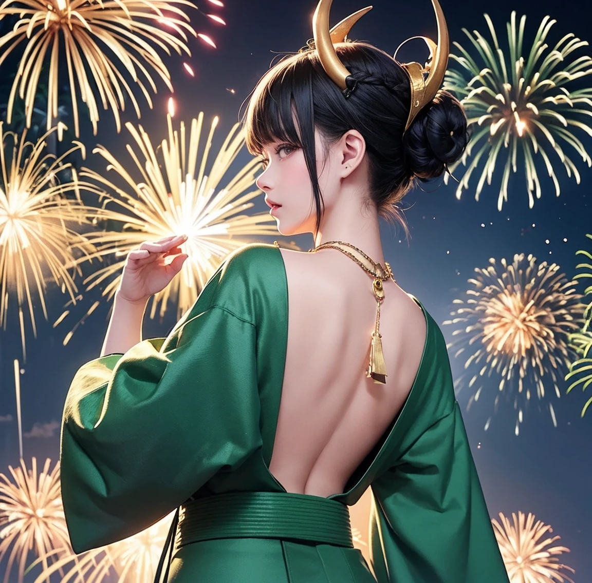 1 person、Green gorgeous kimono、,race,Black Hair、Short bun hair、hair ornaments、necklace、back、Golden devil horns、Anatomically correct,Fireworks in the night sky、