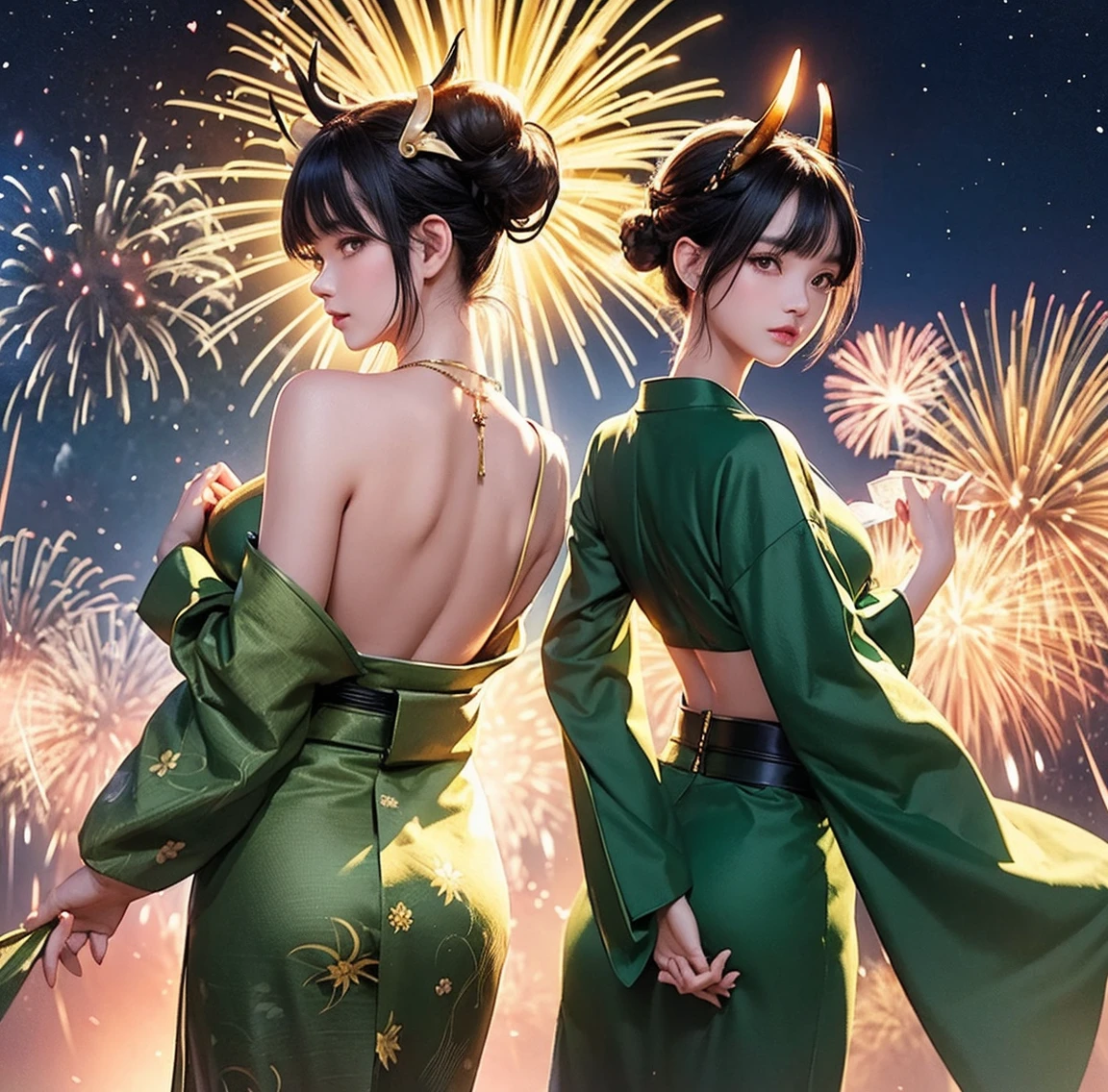 1 person、Green gorgeous kimono、,race,Black Hair、Short bun hair、hair ornaments、necklace、back、Golden devil horns、Anatomically correct,Fireworks in the night sky、