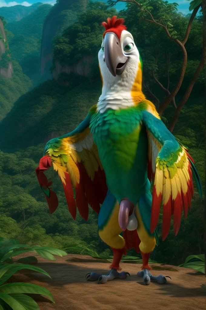 ((NSFW, sexual)), rio movie, jungle landscape, felipe a male Scarlet macaw avian, red Green white yellow feathers, ((anthro)), human body, furry, feathered arms, ((exposing tapering penis, testicles)), standing, green eyes, bedroom eyes, seductive, realistic, digitigrade legs, detailed eyes