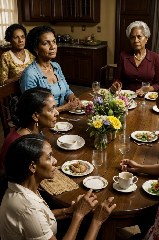 A realistic photographic representation of Doña Rosario, the central character of the film "Why was I born a woman?", sitting at the head of a dining table surrounded by her family. The women are of different ages and represent several generations, each with their own unique expressions and body language. The scene captures the tension and unspoken conflicts that arise when the family discusses gender roles and social expectations for women..
