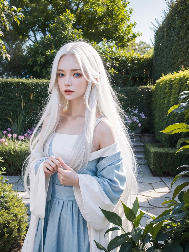 Long white hair, blue eyes, serious features, white skin, loose style, in a garden