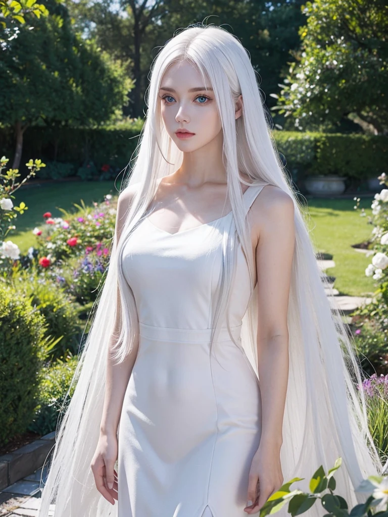 Long white hair, blue eyes, serious features, white skin, loose style, in a garden