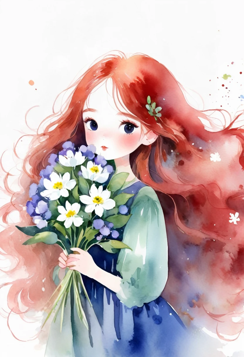 Watercolor，Girl holding flowers，Fluffy red long hair，White background，simple