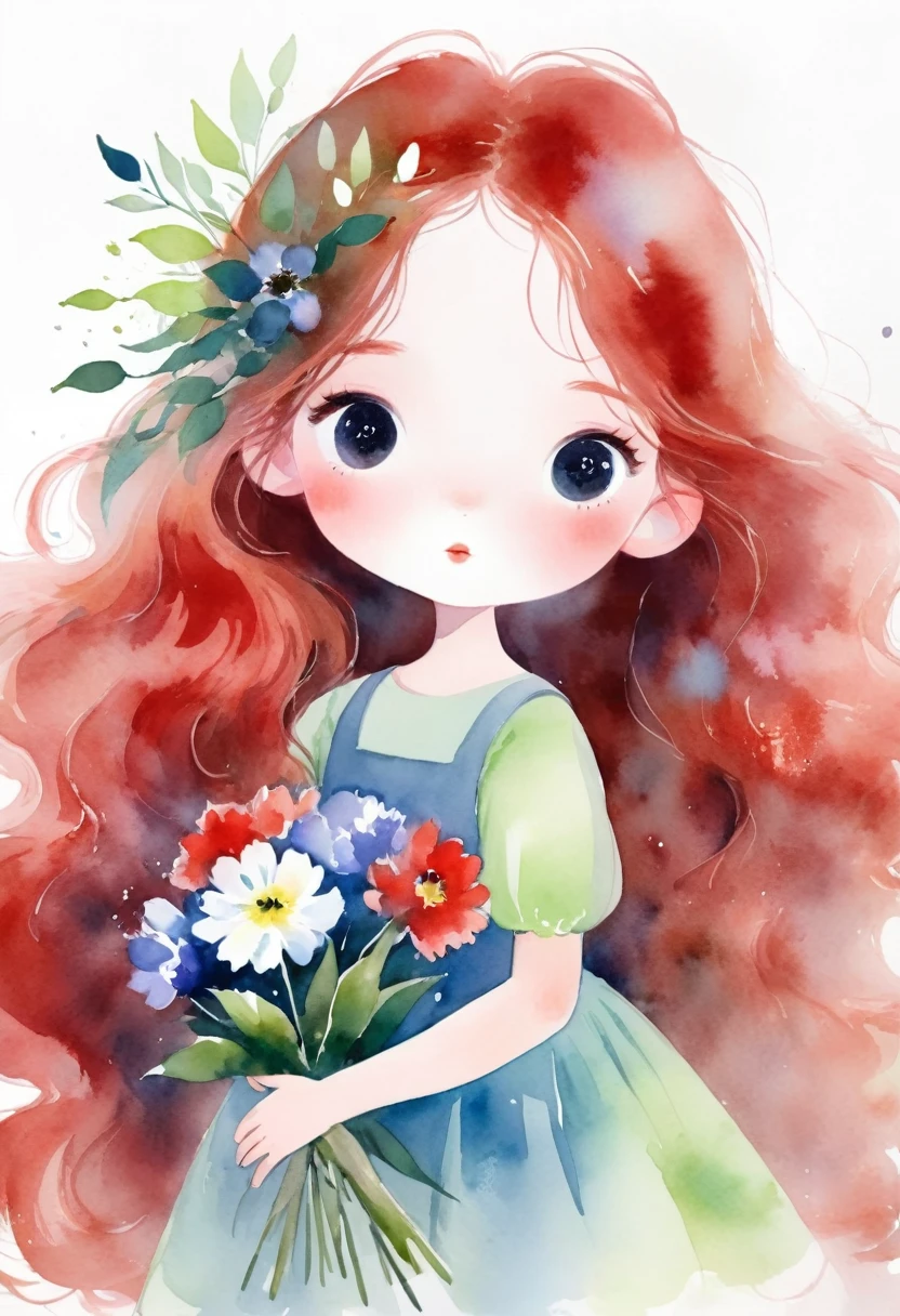 Watercolor，Girl holding flowers，Fluffy red long hair，White background，simple
