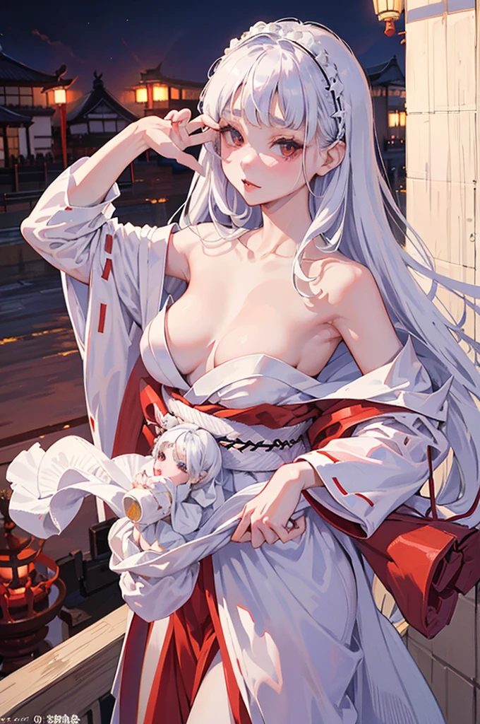 (best quality)), ((masterpiece)), (Very detailed: 1.3),{(Japanese  girl)}, White Theme, (Wear scarlet hakama:1.2), Wear anime witch costume,Ultra HD 16k,White hair, Red iris, Big, bright black eyes, Long eyelashes, Small, pale natural lips, (Average face of Japanese idol), (日本人特有的baby , (baby face), Wiad:1.2, Plump cheeks, Small chin, Lateral breasts are pronounced,Looking at the audience,Focus on the eyes, (Perfect four fingers, 1 thumb),Extra large breasts，Great body