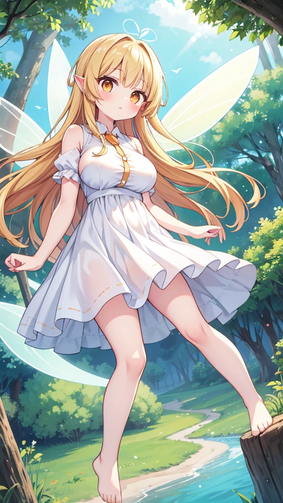 Showing the whole body, cute, baby face, big breasts, flying in the sky, in the forest, simple white dress, long hair, alone, short, fairy wings, honey blonde hair, orange eyes, barefoot