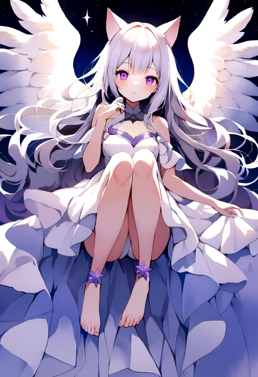 Watercolor-like,Faint and fleeting,A delicate and elegant girl, Long wavy hair that reaches the knees,White hair is very attractive, Detailed and precise manual work, Attractive girl, White cat ears, look at me, Purple eyes and white eyelashes,Her cheeks turned red,Big angel wings, A subject that stands out against the dark night sky,A girl surrounded by purple flowers, White Dress, Dramatic moonlight that makes your subject stand out,star,惑star, barefoot,Ankle decoration,floating、Night Sky Girl。