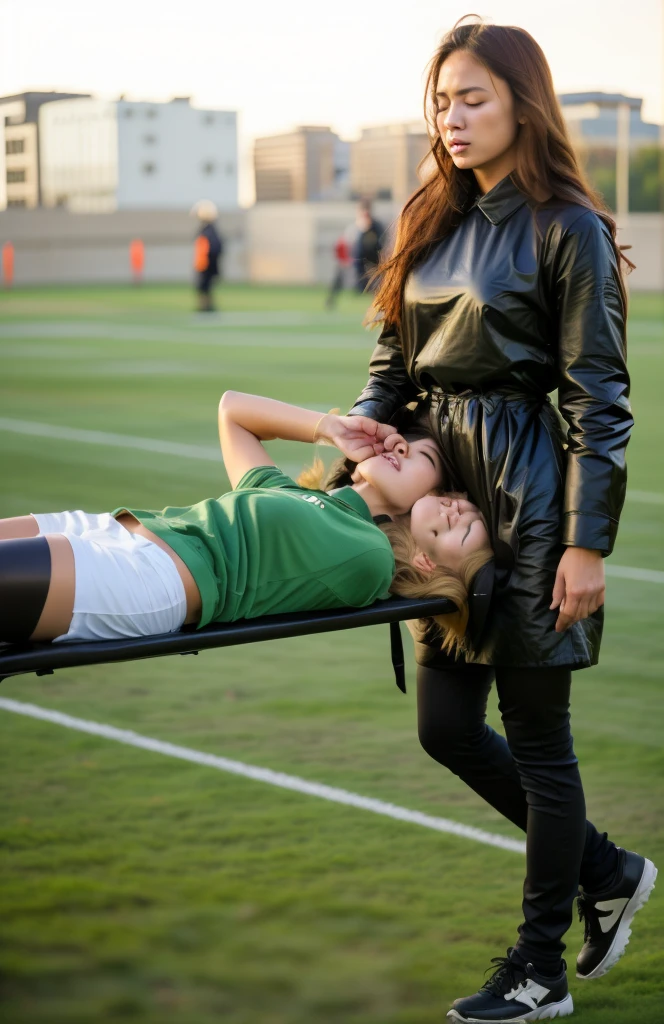 an excessively madeup age girl in a laquered coat, a passionately shouting teengirl in a laquered coat, there is a sportsman in white shorts and a white t-shirt lying injured on a stretcher, there is an injured sportsman who is covering his face on a stretcher, an injured sportsman is covering his face with his hands, an injured sportsman is writhing in ecstasy on a stretcher, dramatic pity pose, there is a latino woman in a high-shine puffy coat, a high-shine black down coat, a long black moncler coat, a wetlook down coat, a wet black laquered coat, a latino wife is wearing a wetlook black uniform, injured, medic, very professional, soccer action pose, affection pose, lecherous action pose, dramatic action pose, theatralic pose, there is an attractive woman that is carrying a skinny man, there is a beautiful woman in a shiny coat who is carrying a blond man on a wetlook orange stretcher, a longhaired beautiful woman in a high-shine black puffy coat, a longhaired woman in a shiny downcoat, a woman is carrying a shorthaired man who is wearing shorts and a t-shirt, a weak man in spots shorts is consciousless and needs to be carried, a shorthaired man with closed eyes is carried on a stretcher by a longhaired woman, a woman looks very scared and terrified, a consciousless man with closed eyes is suffering very much and has a very painful face, photo, photo shoot, photographed , accident, help, aid, first aid, pity