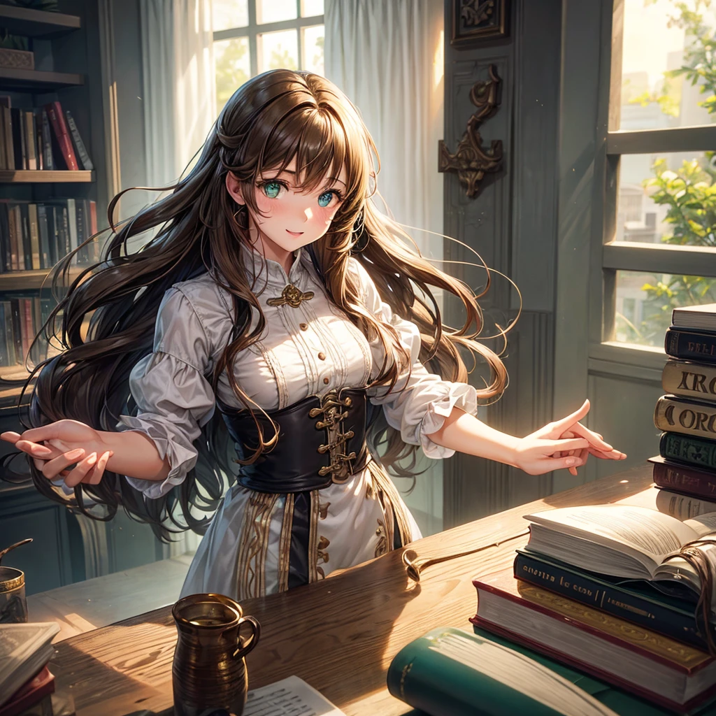 Girl at the table, 25 years, long curly brown hair, bright green eyes, who glow with warmth and enthusiasm
, looks straight, slim build. In the hands of a book