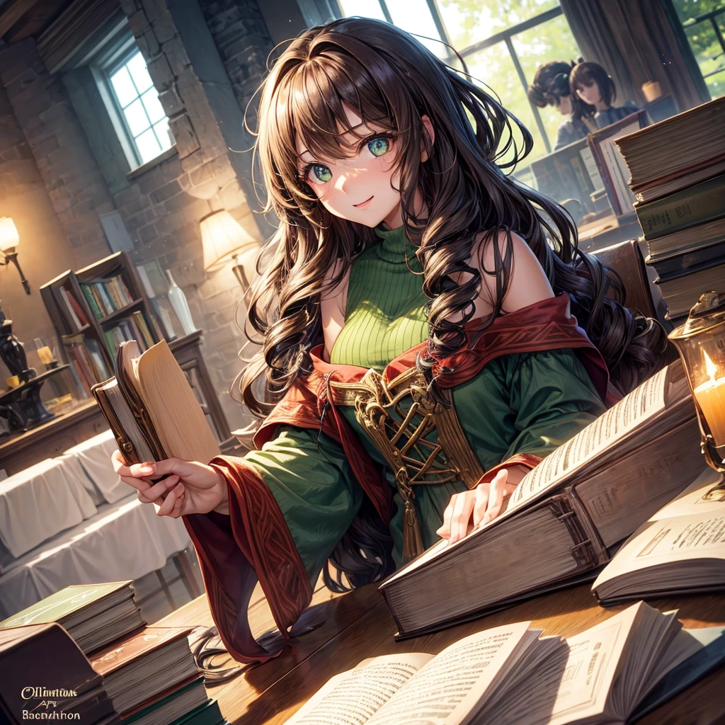 Girl at the table, 25 years, long curly brown hair, bright green eyes, who glow with warmth and enthusiasm
, looks straight, slim build. In the hands of a book