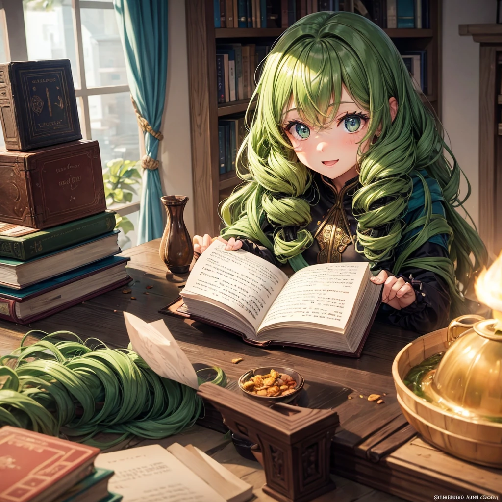Girl at the table, 25 years, long curly brown hair, bright green eyes, who glow with warmth and enthusiasm
, looks straight, slim build. In the hands of a book