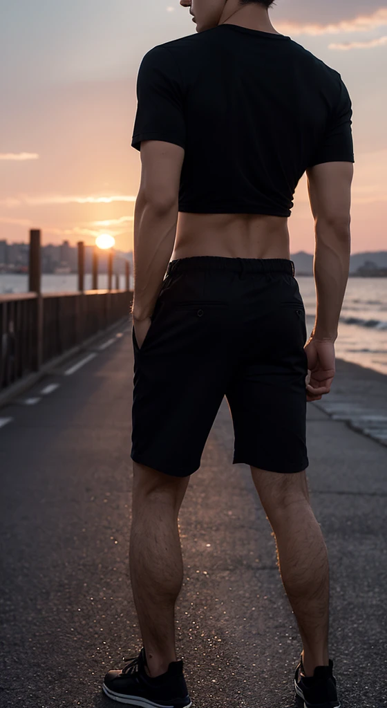 A handsome man under the sunset,Black top,,Short clothes,black trousers,short hair,Side shot from behind,Male Model,