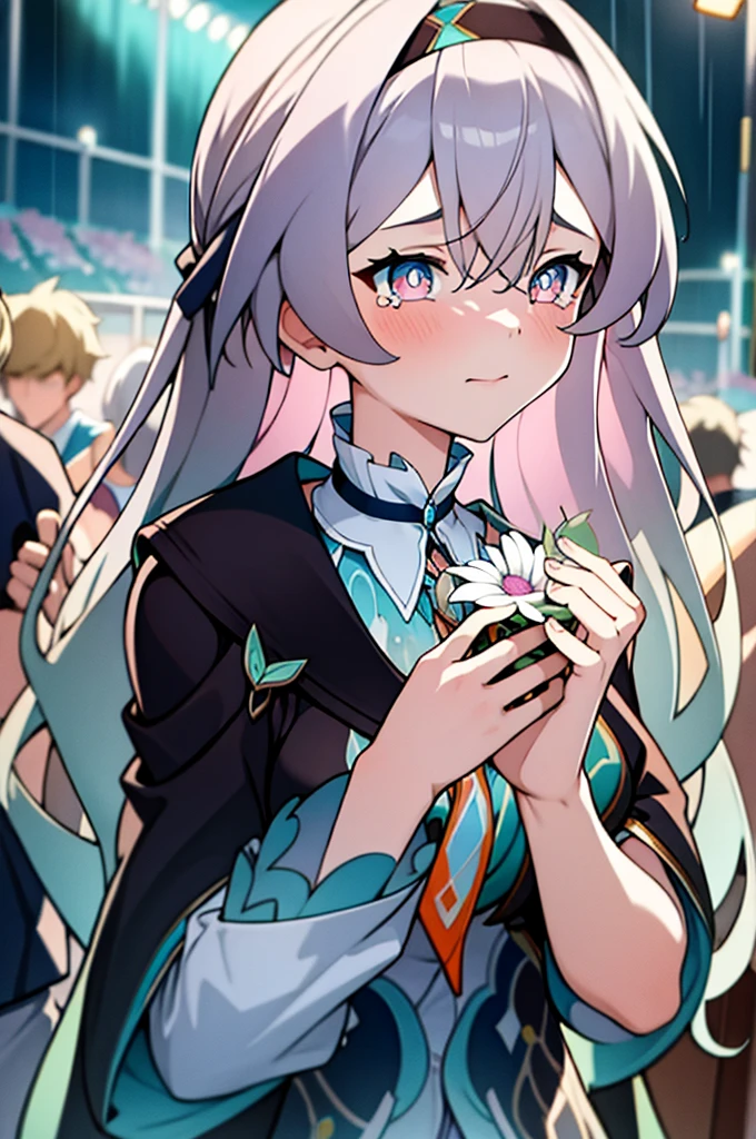 (masterpiece, best quality:1.2), 1 girl,Blue-pink gradient pupils,Brown and light teal,silver long hair,White,sit,Look at the audience,(((rain)))(((soaking wet)))(((bunch of flowers)))shed tears,tears