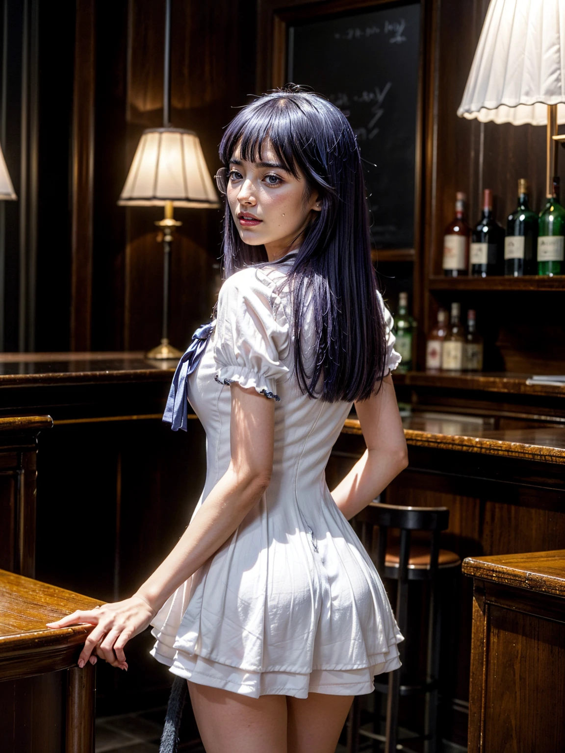 (1 lady), (Best quality at best:1.4), (ultra - detailed), (extremely detailed CG unified 16k), A Beautiful Woman with Perfect Figure: 1.4, Sharp Focus: 1.2, purple hair, very detailed, High-definition RAW color photo, professional photoshooting, amazing face and eyes, cosmetics, (amazingly beautiful girl), ((frederica bernkastel)), ((dress, bowtie, mary janes, socks, cat tail, tail bow, tail ornament)), standing, sexyposture，(Dark and stylish bar, drinks, lamp lights, lamp lights:1.3), (look from down), realistic cinematic face, head to feet long wide zoomed out view, full body long view, photorealistic, ((realistic natural purple hair style, purple eyes)), ((glasses with liquor floating around her)), gorgeous, extremely beautiful face, perfect model beauty, pout mouth, Highly Detailed Face and Skin Texture, Detailed Eyes, Double Eyelids, Big Breasts, Smile,  smile, cleavages, western, (masterpiece), best quality, high resolution, extremely detailed, blurred background, depth of field, cinematic lighting, amazing legs, high heels, clear and well-cared skin, (((focus on the girl instead of background, girl occupies most of the picture))), , nice ass