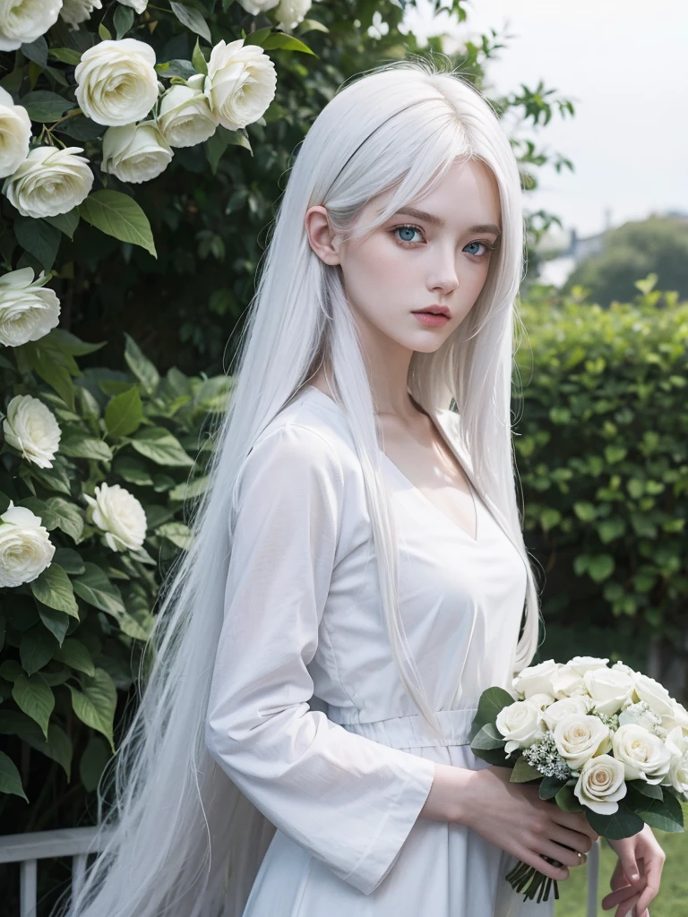 Long white hair, blue eyes, serious features, white skin, loose style, in a garden, with flowers 