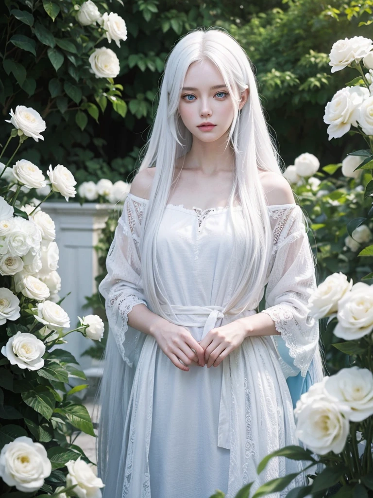 Long white hair, blue eyes, serious features, white skin, loose style, in a garden, with flowers