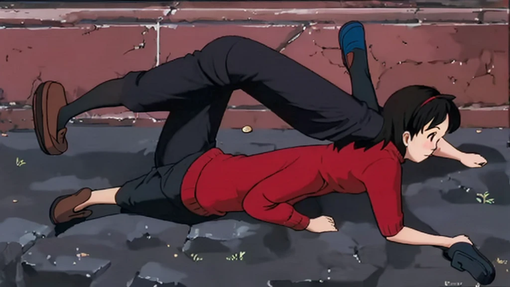 school girl, ((red sweater, baggy black pants, penny loafers)), (character design sheet), different pose, different angles, turnaround
