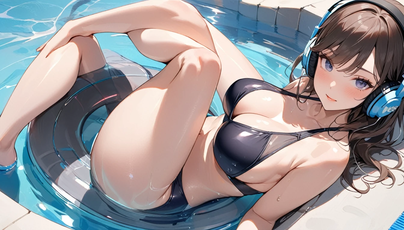 ((Top Quality)), ((Masterpiece)), ((Detail)), Perfect face, Perfact bodty, sitting on the swmming pool, listening to music, wearing headphones, wearing swimsuits, swimsuits are transparent, legs open Sitting wide open, wearing tight clothing (yes, buttocks and breasts are exposed). I see a face, one women