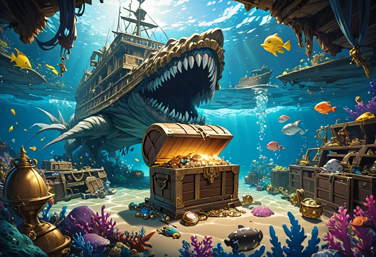 mimic, sunken ship on the ocean floor、A monster disguised as a treasure chest、The amount of jewelry overflowing from the box々、Divers exploring、Reality、Fantasy、