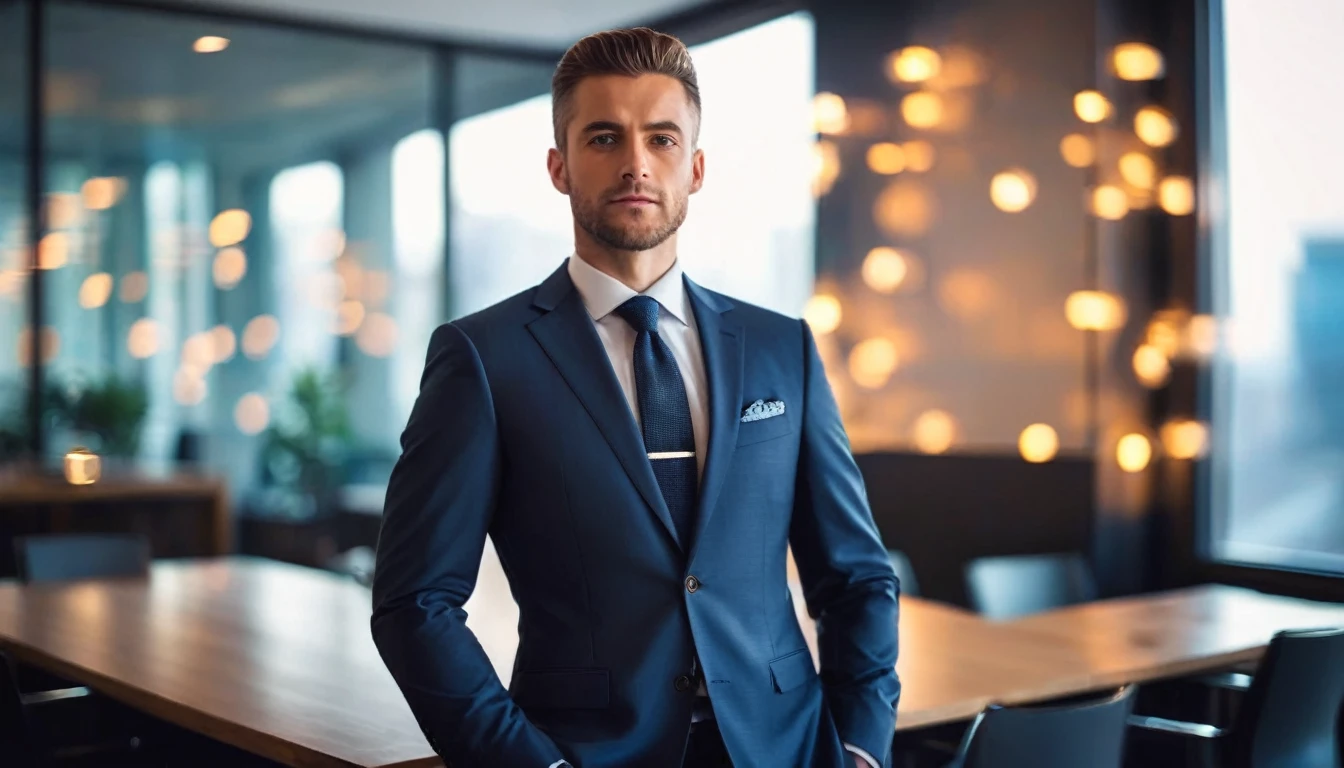 In a minimalist office setting, a confident man stands tall, dressed in a full smart office suit. He is sharply in focus, contrasting with the blurred motion of modern furnishings that fade into a beautiful bokeh background.