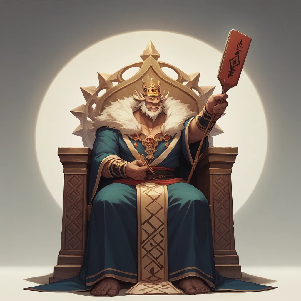 A cunning and strategic portrait of Cao Cao, a warlord from the Three Kingdoms era. He wears a royal robe with dragon patterns, a crown, and has a sharp, intelligent look. He is seated on a throne, holding a fan, surrounded by maps and scrolls.