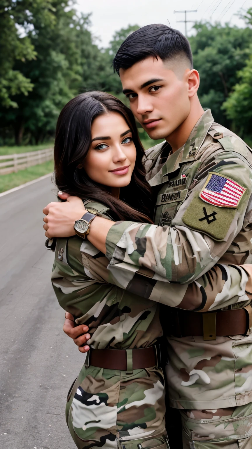 Female nurse kisses camouflage uniformed male soldier\