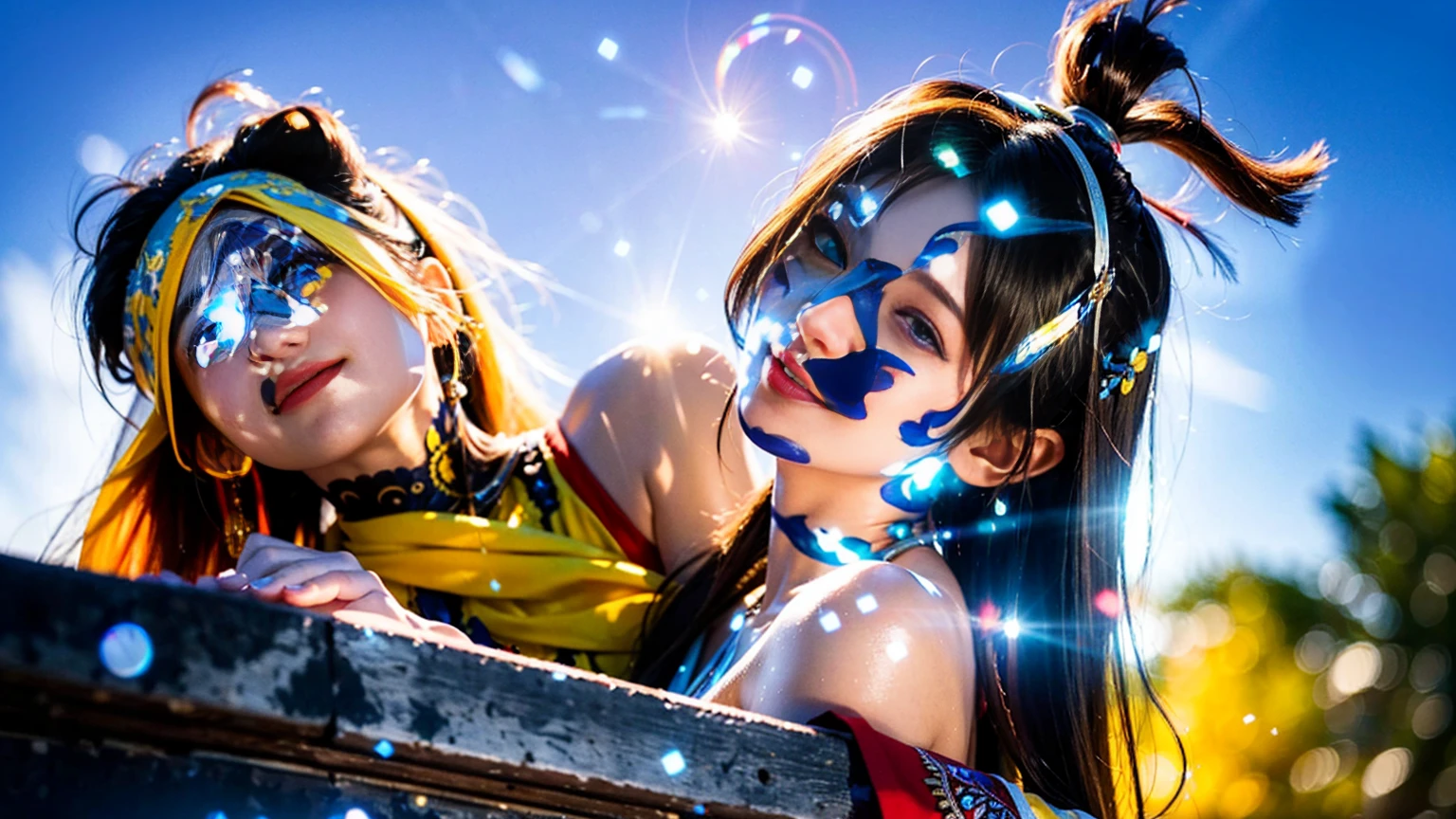 masterpiece, Highest quality, Highest quality, (Intricately detailed:1.2), Beautiful Eyes, One girl, alone, Outdoor, blue sky, cloudy, Bokeh, Lens flare, anamorphic Lens flare, Depth of written boundary, Fascinating face, Captivating smile, henna_Ruin, Yellow Hair, Red headband,