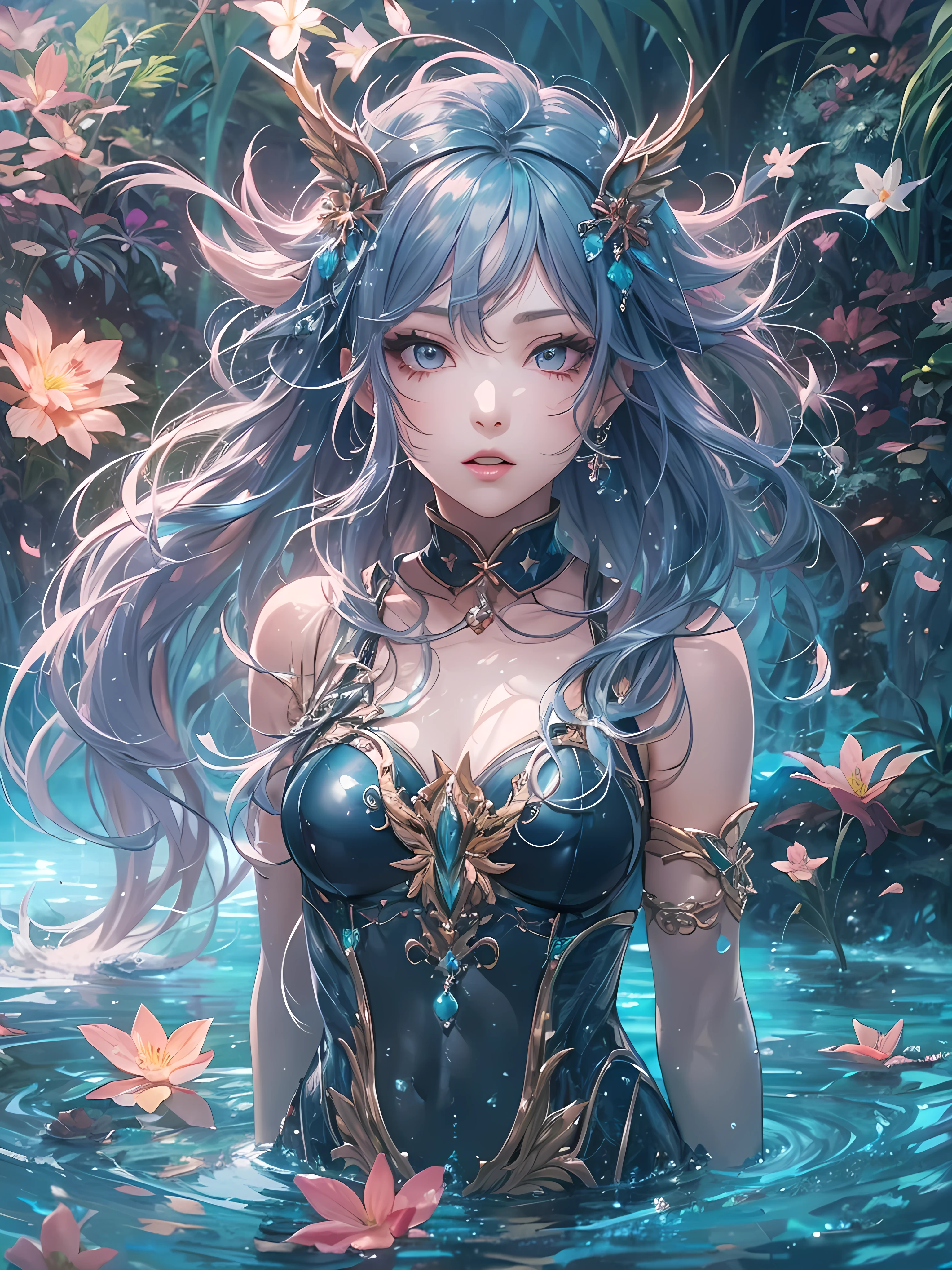 beautiful young woman, anime style, detailed face, ethereal and enchanting expression, wearing a swimsuit made of water, standing in a mystical fantasy landscape with glowing plants and magical creatures, water elements swirling around her, dynamic and fluid pose, Japanese anime style, high quality, highly detailed, 8k resolution, cinematic lighting, best quality, vibrant colors, Instagrammable, aesthetic, trendy, hair color and style are vibrant and unique