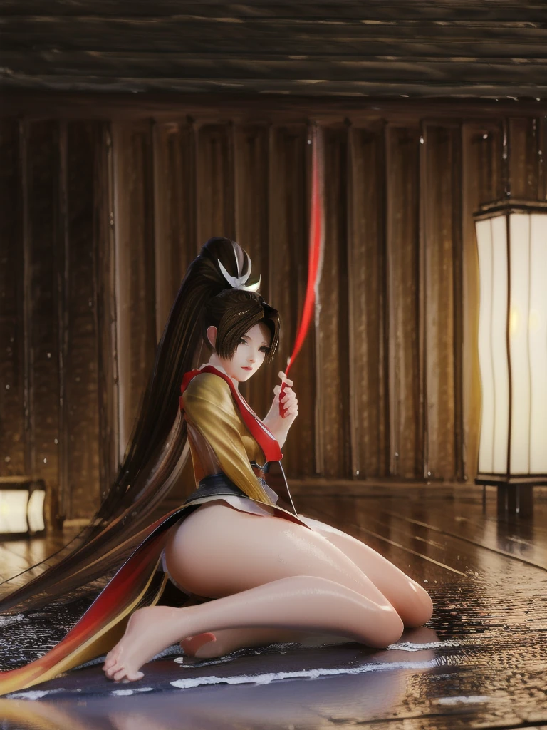 (exquisitely detailed CG unity 8k wallpaper, masterpiece-quality with stunning realism), (best illumination, best shadow), (best quality), (elegant style:1.2), Arti modern anime. angled view, heroic pose, midshot, (cel-shading style:1.3), centered image, ultra detailed closeup portrait of (Mai Shiranui:1) from (King of Fighters), best quality, expressive eyes, perfect face, highres, (ultra details), 1 girl, solo, brown hair, hair ornament, eyeshadow, gold, white and red qipao, highly ornamented, in the city of Japan, portrait, looking at the viewer, piercing eyes, full body, sitting at a bar, staring, (light from the angle:1) (smoke and dust:1.2) (wind blowing:1.2).(depth of field effects:1.3) (motion action:1.2) (closeup:1.2) (attacking pose:1.2) (angled closeup photography:1) (turning action pose:1), (dress on fire:1), (motion blur effects:1),(attacking:1), wide angles, spreading your feet,Thin to transparent,see-through,(((Soggy-kimono:1.2))),Lace fabric, (((water-immersed body: 0.9))),jewelry,