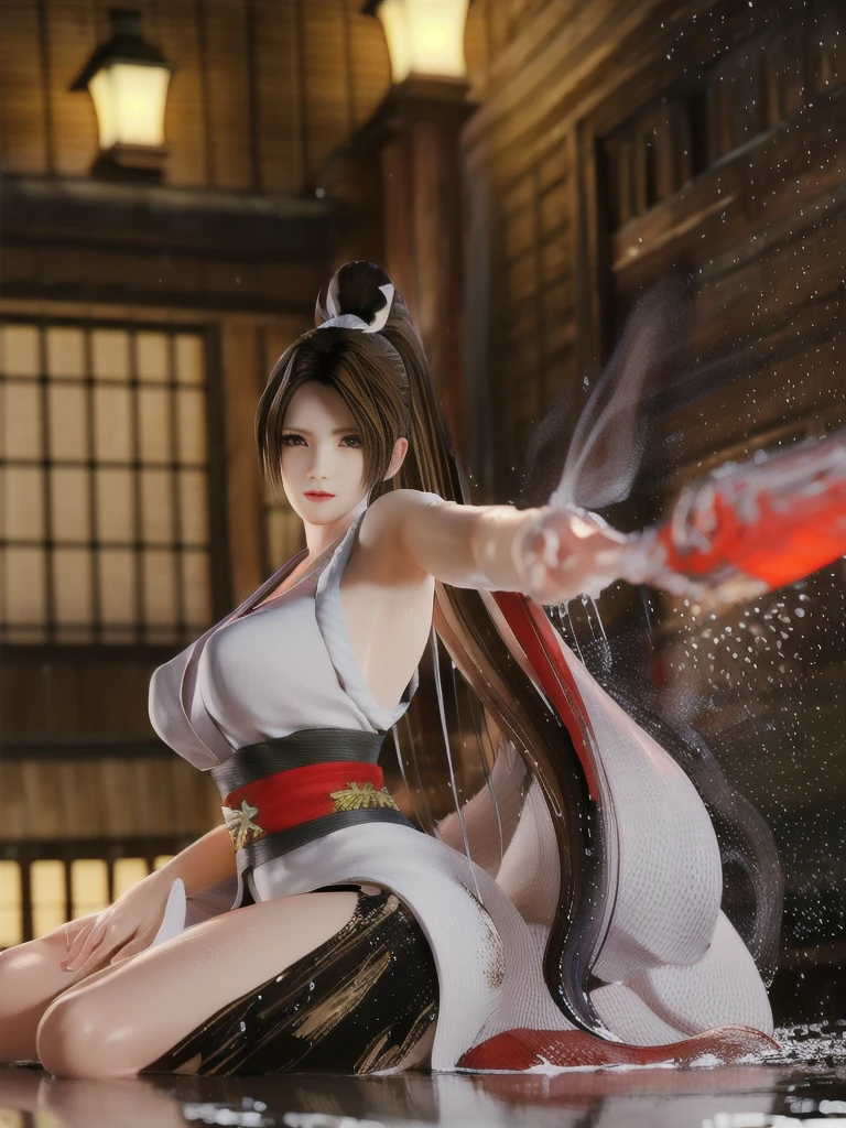 (exquisitely detailed CG unity 8k wallpaper, masterpiece-quality with stunning realism), (best illumination, best shadow), (best quality), (elegant style:1.2), Arti modern anime. angled view, heroic pose, midshot, (cel-shading style:1.3), centered image, ultra detailed closeup portrait of (Mai Shiranui:1) from (King of Fighters), best quality, expressive eyes, perfect face, highres, (ultra details), 1 girl, solo, brown hair, hair ornament, eyeshadow, gold, white and red qipao, highly ornamented, in the city of Japan, portrait, looking at the viewer, piercing eyes, full body, sitting at a bar, staring, (light from the angle:1) (smoke and dust:1.2) (wind blowing:1.2).(depth of field effects:1.3) (motion action:1.2) (closeup:1.2) (attacking pose:1.2) (angled closeup photography:1) (turning action pose:1), (dress on fire:1), (motion blur effects:1),(attacking:1), wide angles, spreading your feet,Thin to transparent,see-through,(((Soggy-kimono:1.2))),Lace fabric, (((water-immersed body: 0.9))),jewelry,