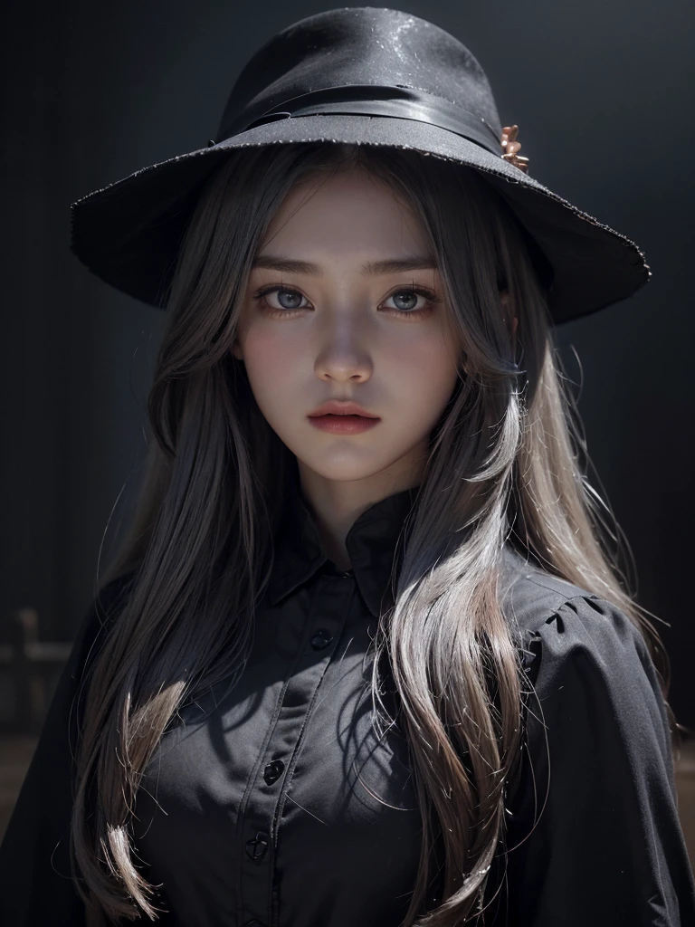 (Front Focus), (In the Dark:1.6), Hyperrealist Female Portrait by David Hockney and Alphonse Mucha, Fantasy art, Photo Real, Dynamic Lighting, Art Station, Poster, Volumetric lighting, Highly detailed face, 4k yen, Awards, One girl, In the Dark, Deep Shadow, Modest, Cowboy Shot, (Official attire:1.4), Long Hair, Gray Hair