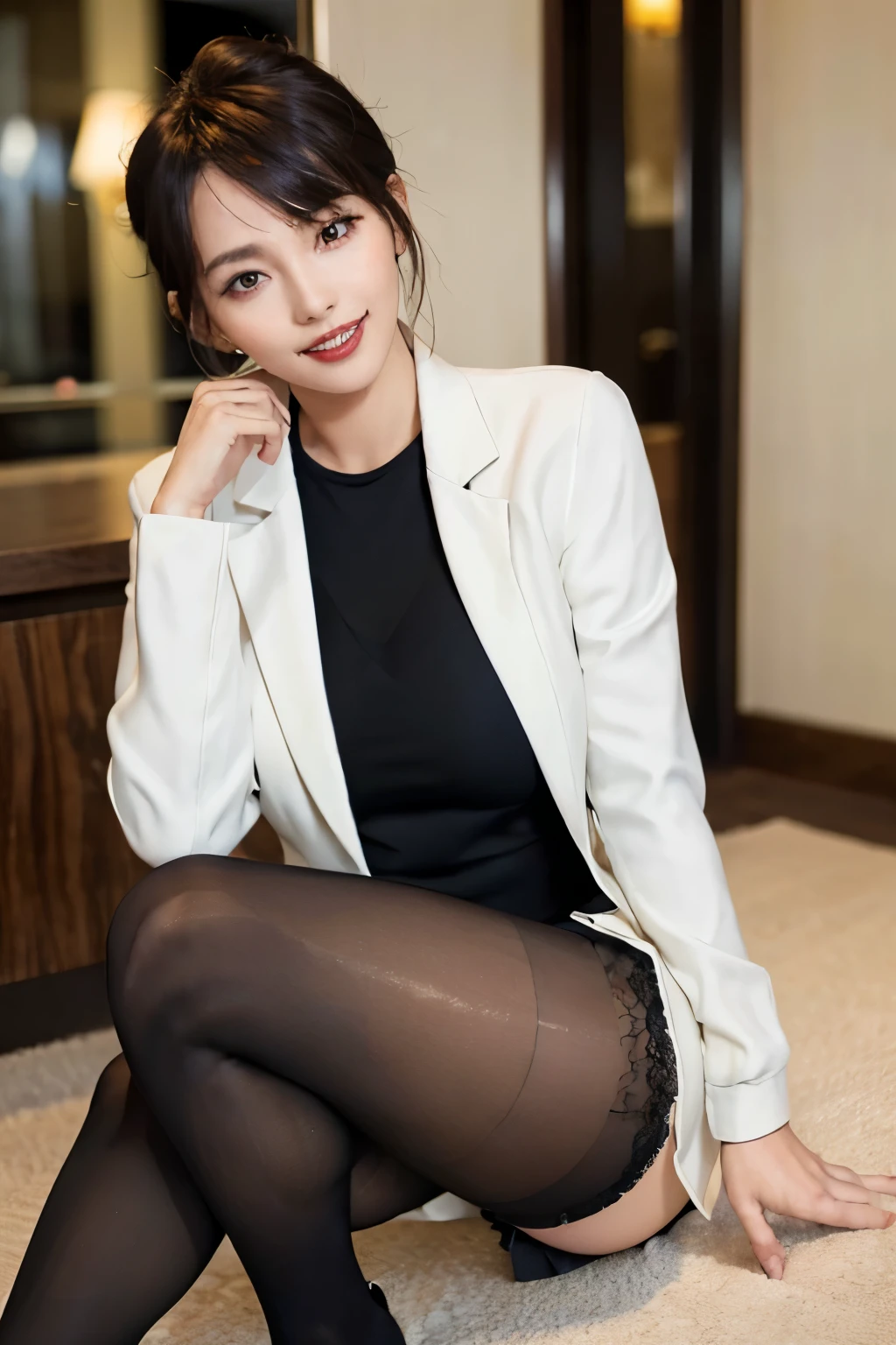 1girl,Solo,view the viewer,Realist,bent over,Black pantyhose,Exposed breasts,big breasts,Blunt bangs,Single hair bun，stand,perky ,Lace panties,love hotel,hand on pussy,cum on pussy,water on ass,big ass,office lady,white jacket,smile,squint,kneel,