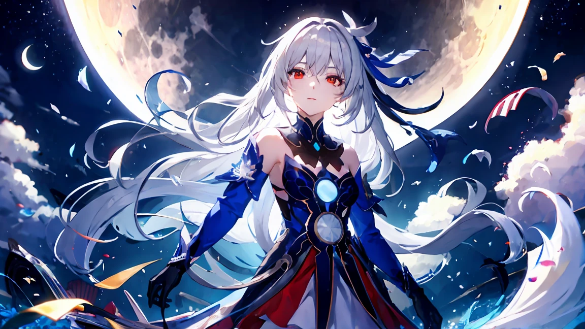 1 Girl, Solitary, Long hair, breast, Looking at the audience, Bangs, Hair accessories, Red Eyes, Gloves, skirt, Hair between the eyes, Bare shoulders, Shut up, White hair, Gray hair, Sky, black Gloves, night, moon, night Sky, full moon,jingliu