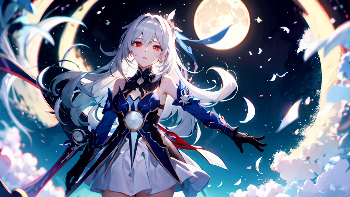 girl in short magic dress with rabbit ears holds two-handed sword in front of her, high quality, heterochromia of eyes
