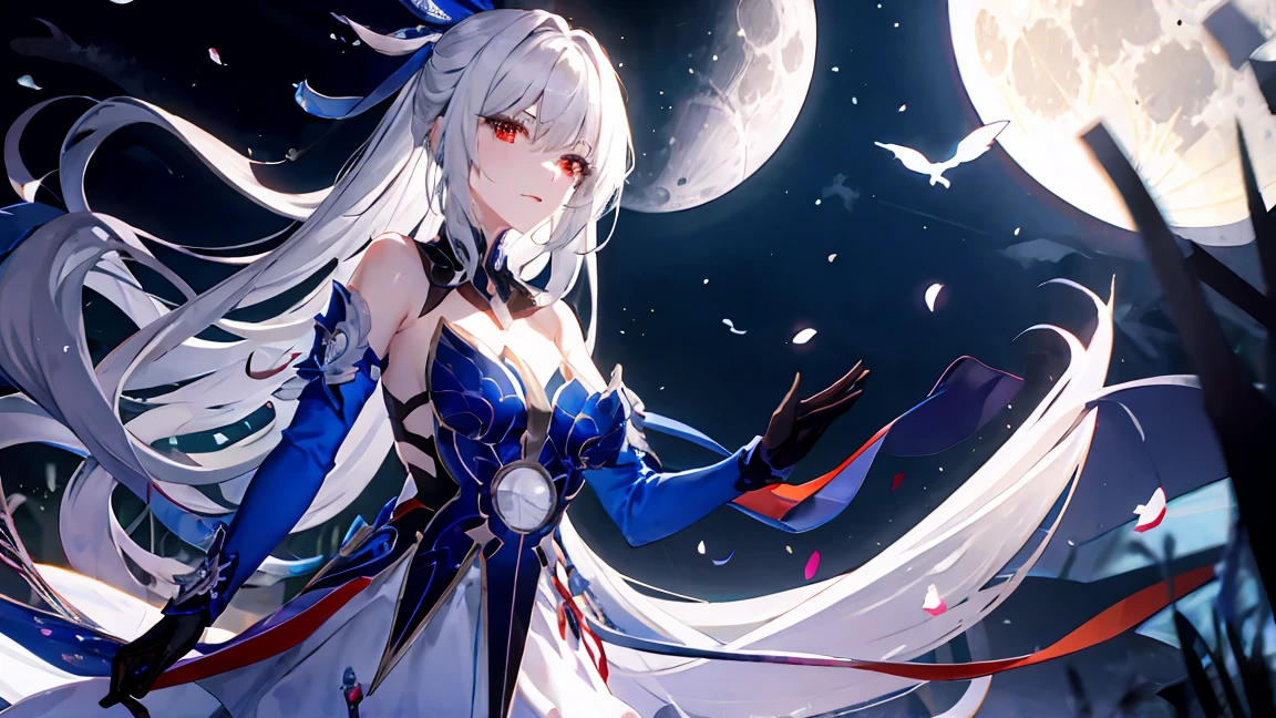 1 Girl, Solitary, Long hair, breast, Looking at the audience, Bangs, Hair accessories, Red Eyes, Gloves, skirt, Hair between the eyes, Bare shoulders, Shut up, White hair, Gray hair, Sky, black Gloves, night, moon, night Sky, full moon,jingliu