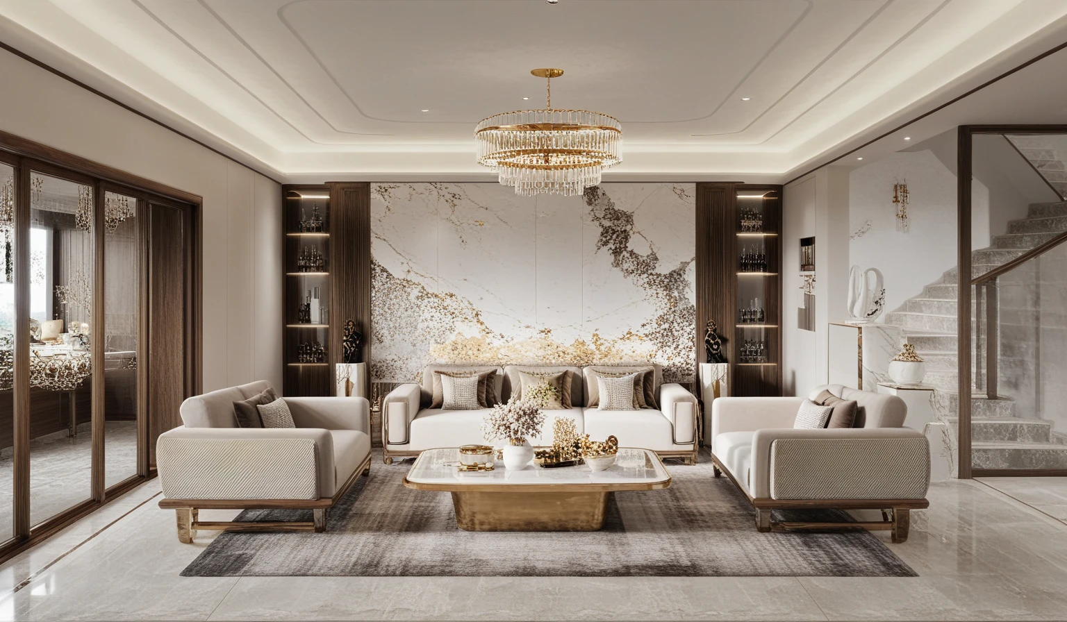 ,Masterpiece, Best quality,8K, Ultra-high resolution,When you step into the ( living room  : 1.1)  ,Immediately surrounded by a rich atmosphere of luxury. The space  was covered with a soft white fluffy blanket,It is so comfortable,So much so that you can't help but indulge in it。Embellished with precious porcelain and white-off gold ornaments。Whenever it is late afternoon,The afterglow from the window spilled on the floor,Soft light and shadow are reflected,It was as if entering a dreamland. ((Wooden chair and table : 1.3)), ((COLUMN MIRROR : 1.3))