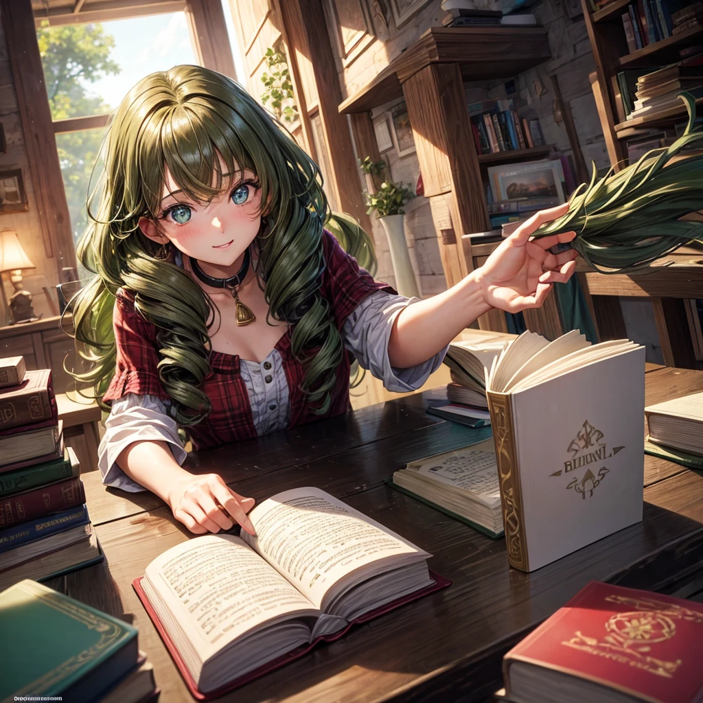 Girl at the table, 25 years, long curly brown hair, bright green eyes, who glow with warmth and enthusiasm
, looks straight, slim build. In the hands of a book