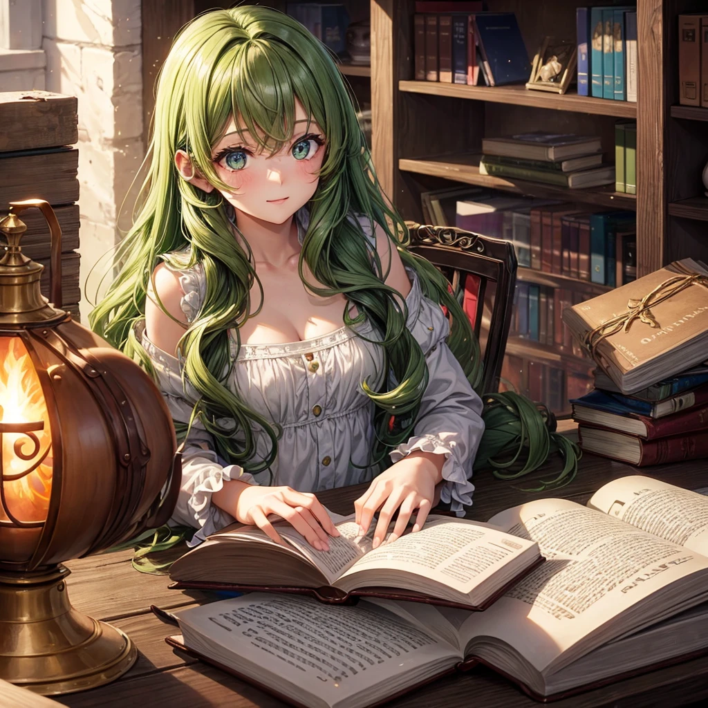 flat chests, nsfw, masterpiece, 1 girl, erect nipples, intricately detailed, topless, navel, bare shoulders, necklace, mint green hair, embarrassed, head scarf, round glasses, extremely detailed, photorealistic, octane render, 8 k, unreal engine, bare breasts, puffy nipples, green eyes, carrying book, yawning, fantasy, enchanted, book, herbs, magical, mage, bare stomach, sweaty, child, arm strap, full body, sitting, alchemist, open mouth, scared, green house, potions, plants, vegetables, potion bottle, casks, pink smoke, liquid potion, waist pouch, silk skirt, woven skirt, long skirt