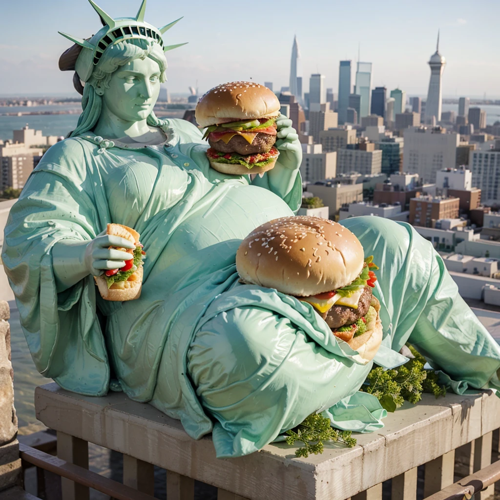 A very fat and ugly Statue of Liberty　A big smile　Lying down　Eating a hamburger　There are 10,000 hamburgers　In the heart of New York　Sparkling